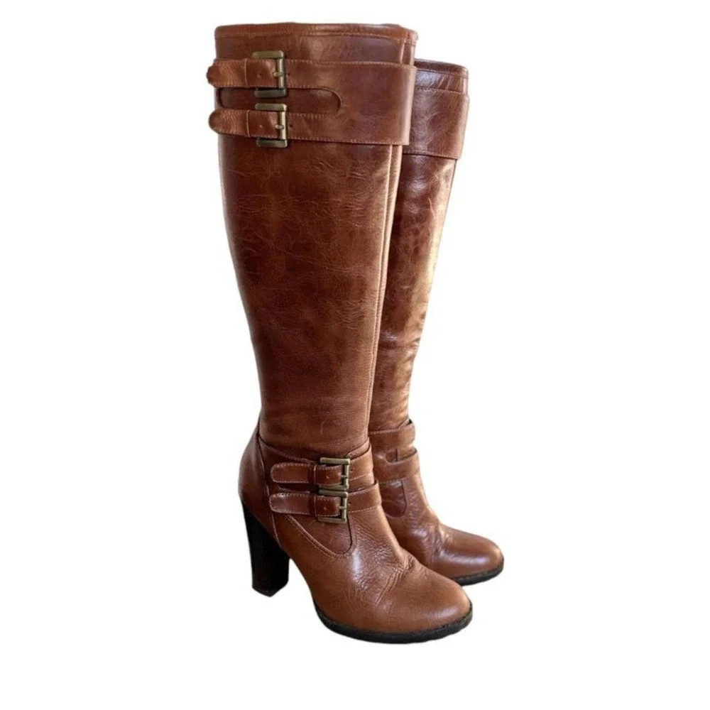 Y2K 2000'S vtg. Brown Leather‎ Buckle Knee High Ann Taylor Loft Boots size 5 1/2